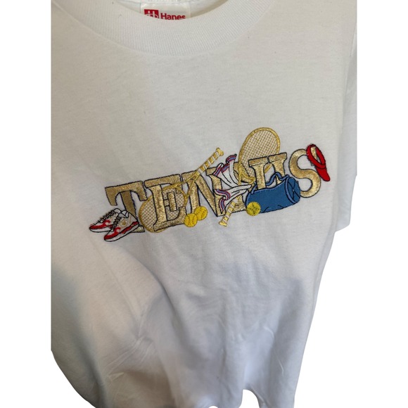 2 Shirts Hanes Tennis Graphic T-Shirt Embroidered Novelty Tee Sportswear White M - Picture 2 of 8